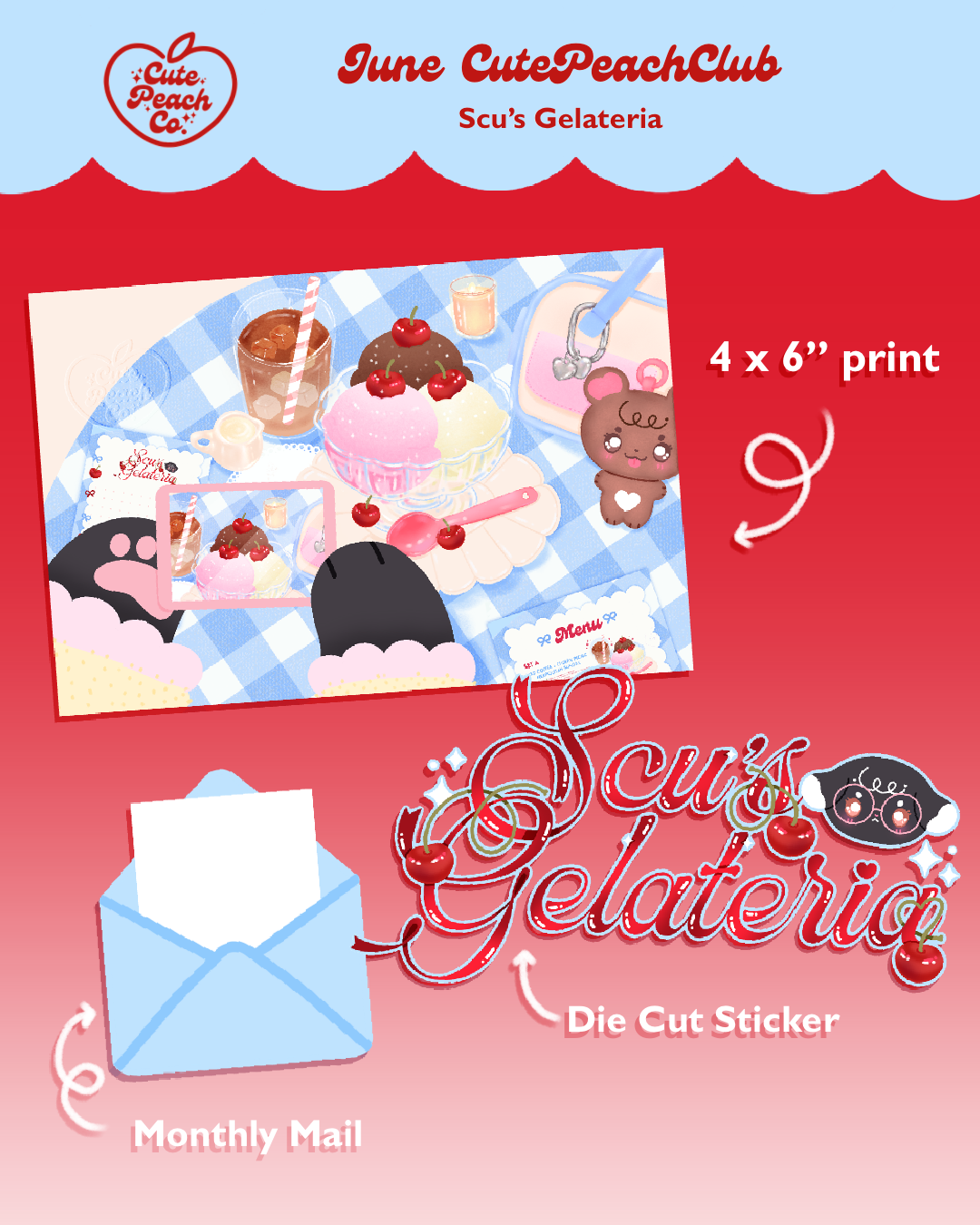 🌷🍑 Peach Buds - CutePeachClub June 2026 : Scu's Gelateria 🍑✨ Print + Letter + Sticker Set