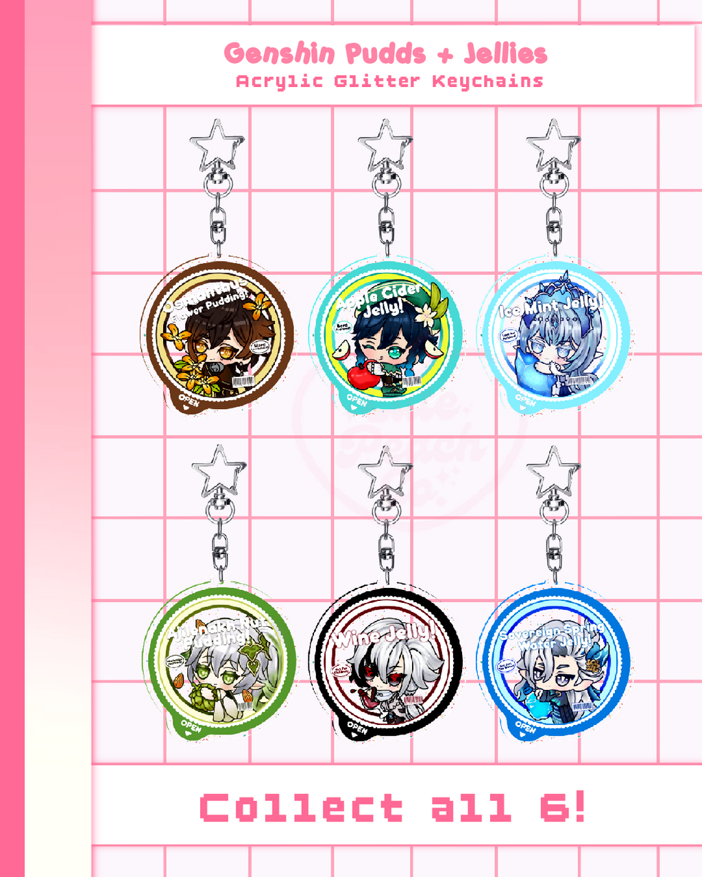 🍮 Genshin Pudds + Jellies Glitter Keychains