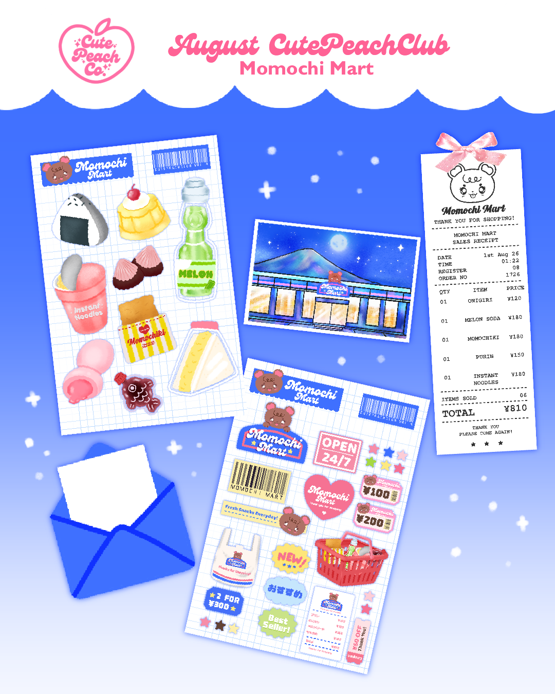 🍜 Peach Blossoms : CutePeachClub August 2026 : Momochi Mart 🛒🐻 Stickers + Bookmark + Letter