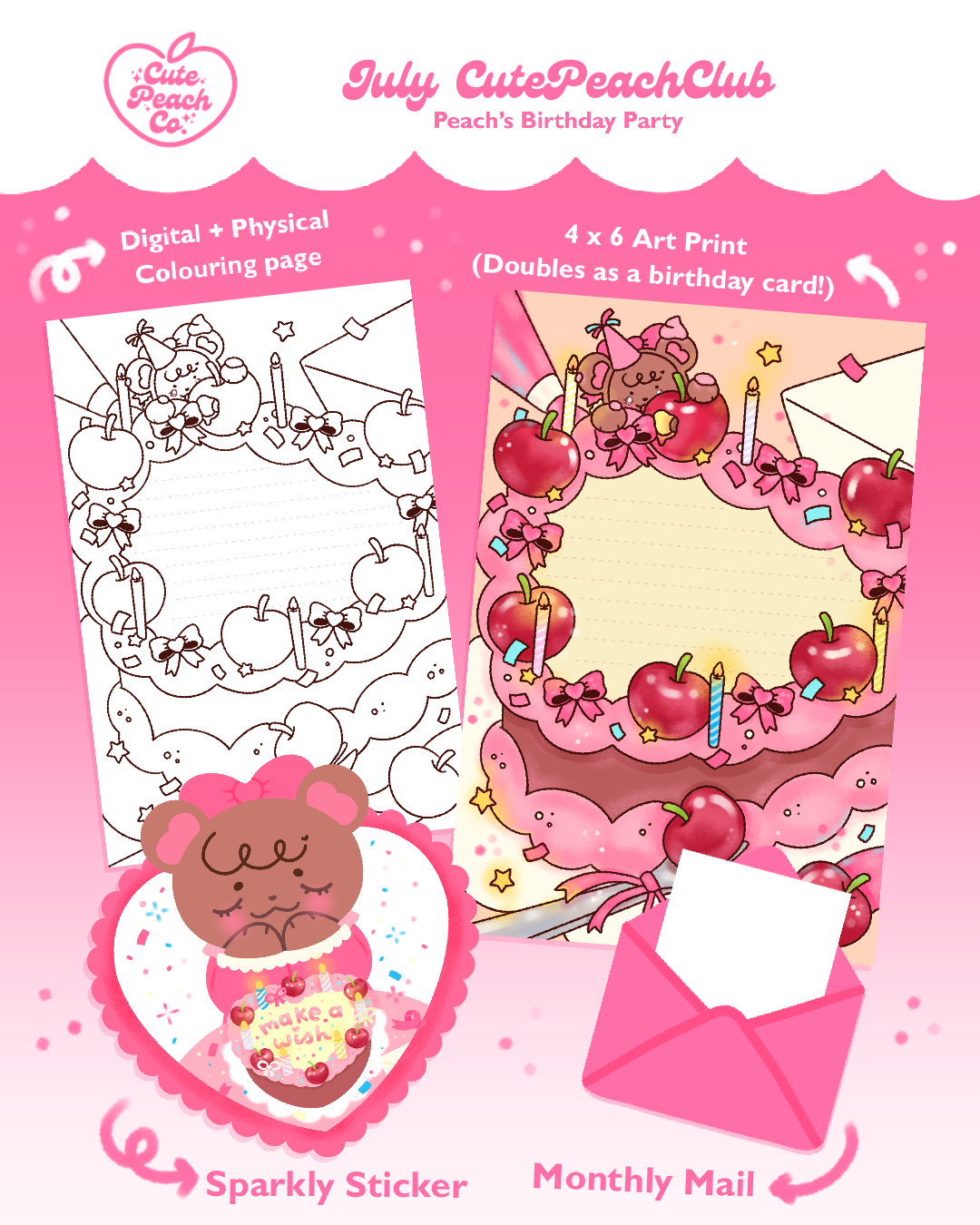 🌷🍒 Peach Buds : CutePeachClub July 2026 : Peach's Birthday Party 🎂🍰 Print + Letter + Sticker