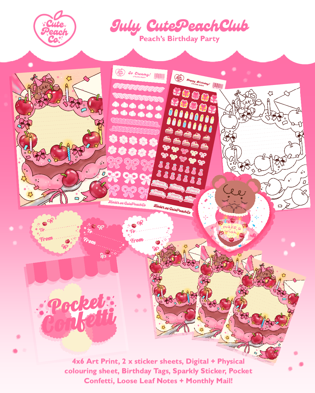 🐠🍞 Peach Harvest : CutePeachClub July 2026 : Peach's Birthday Party 🍰🩷 Full Stationery + Ephemera Set