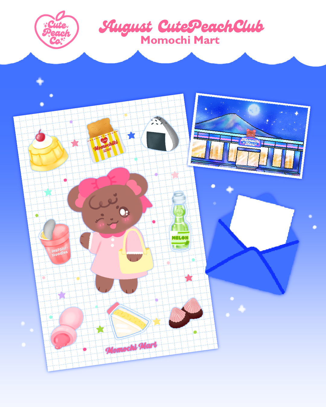 🍜 Peach Buds : CutePeachClub August 2026 : Momochi Mart 🛒🐻 Print + Letter + Sticker