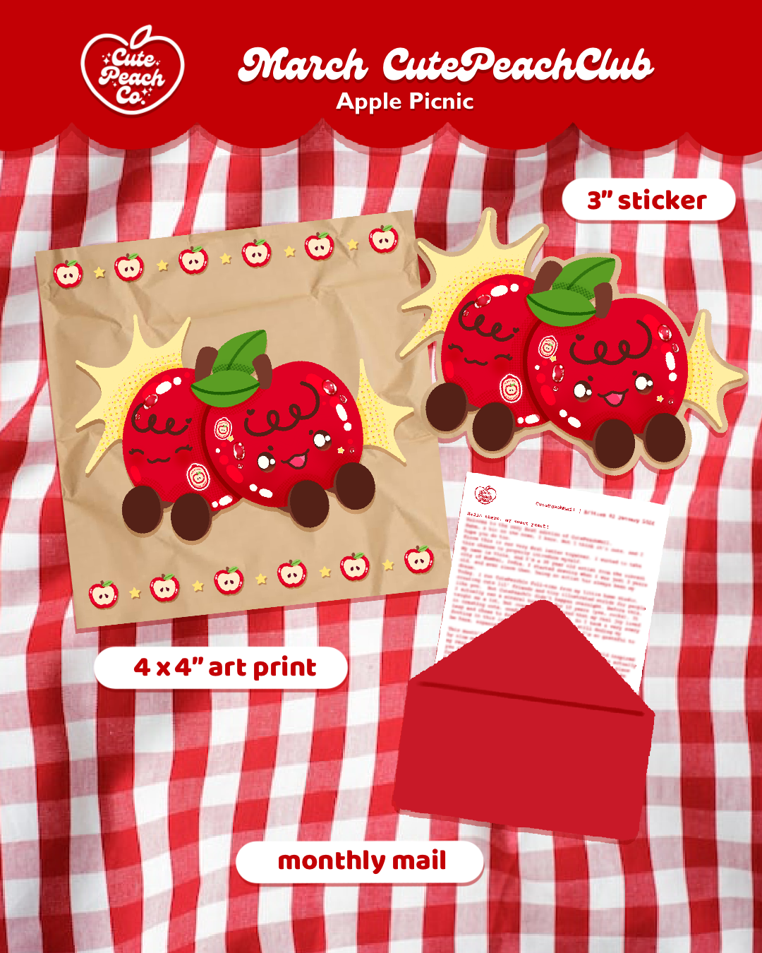 🌷🍒 Peach Buds : CutePeachClub March 2026 : Apple Picnic 🍎🧺✨ Print + Letter + Sticker