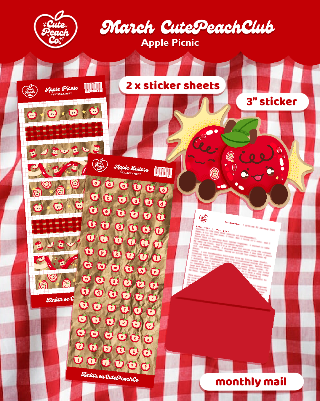 🌸🍑 Peach Blossoms : CutePeachClub March 2026 : Apple Picnic 🍎🧺✨ Stickers + Ephemera Pack