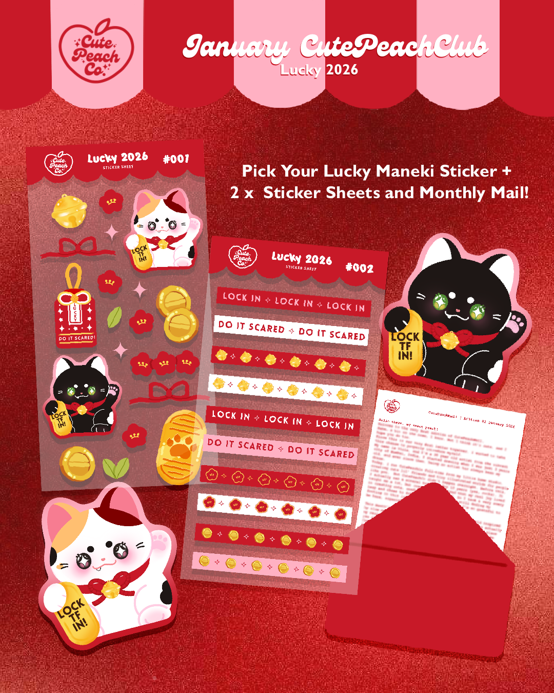 🍀🌸 Peach Blossoms : CutePeachClub January 2026 : Lucky 2026 ✨ Stickers + Print + Ephemera Pack